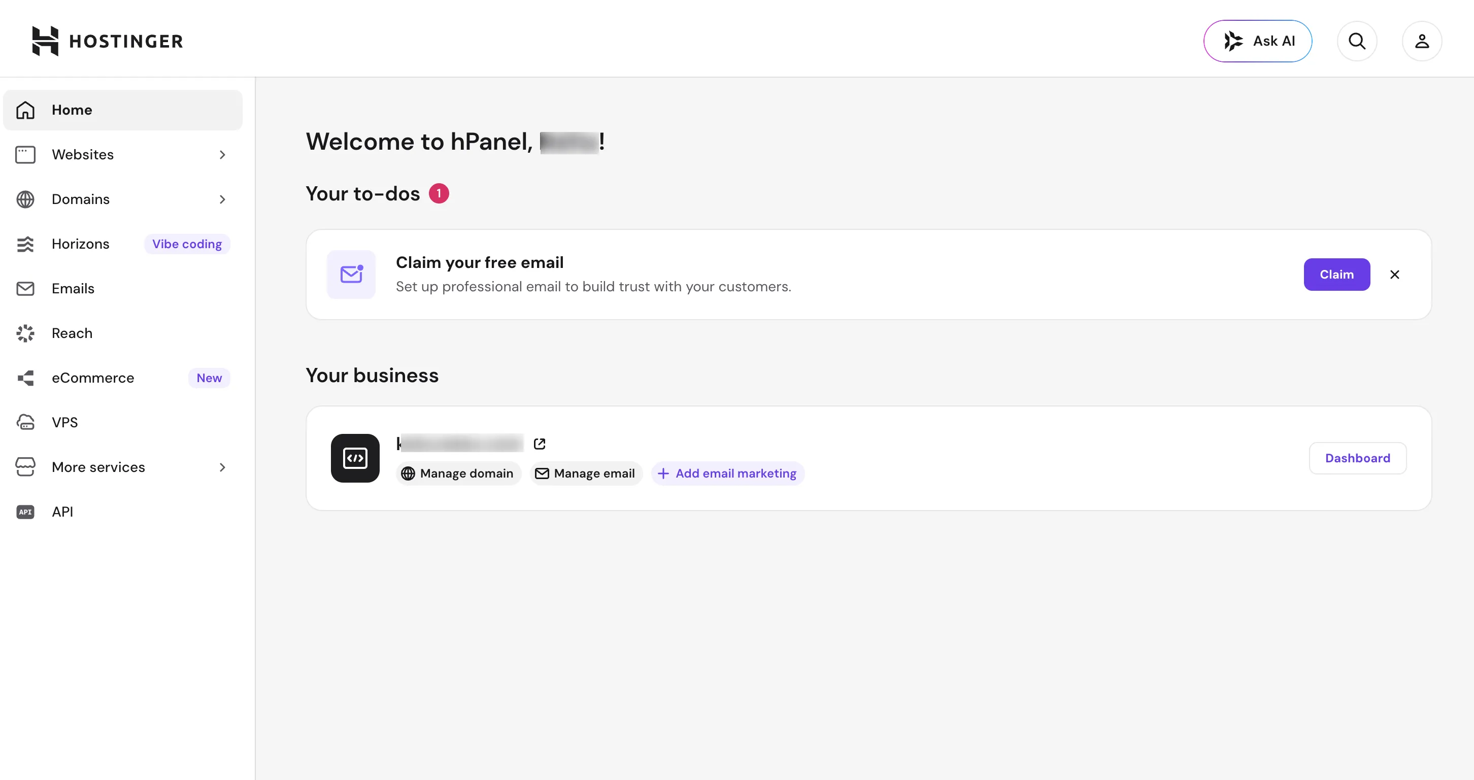 hPanel Welcome Screen