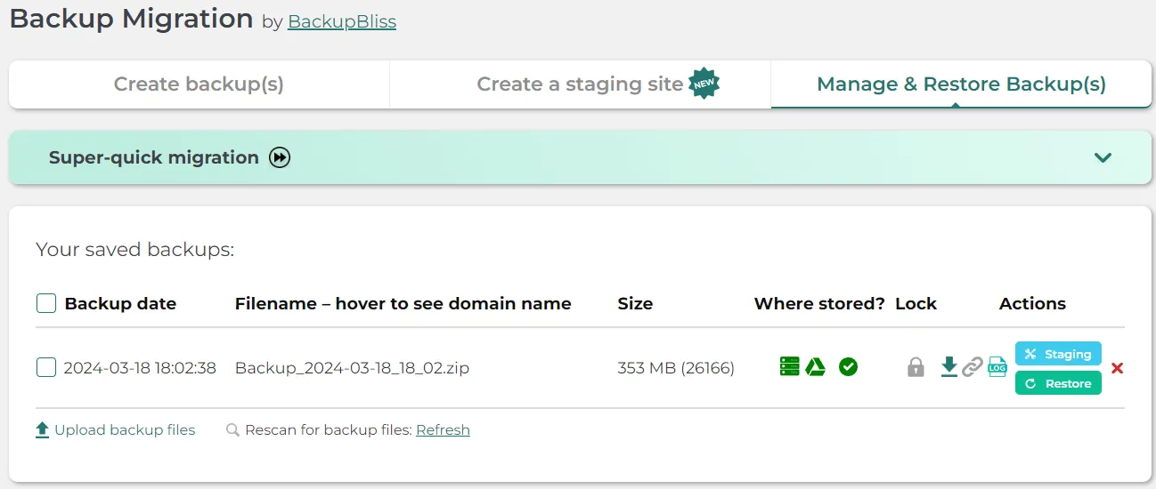 Saved Backups in Plugin