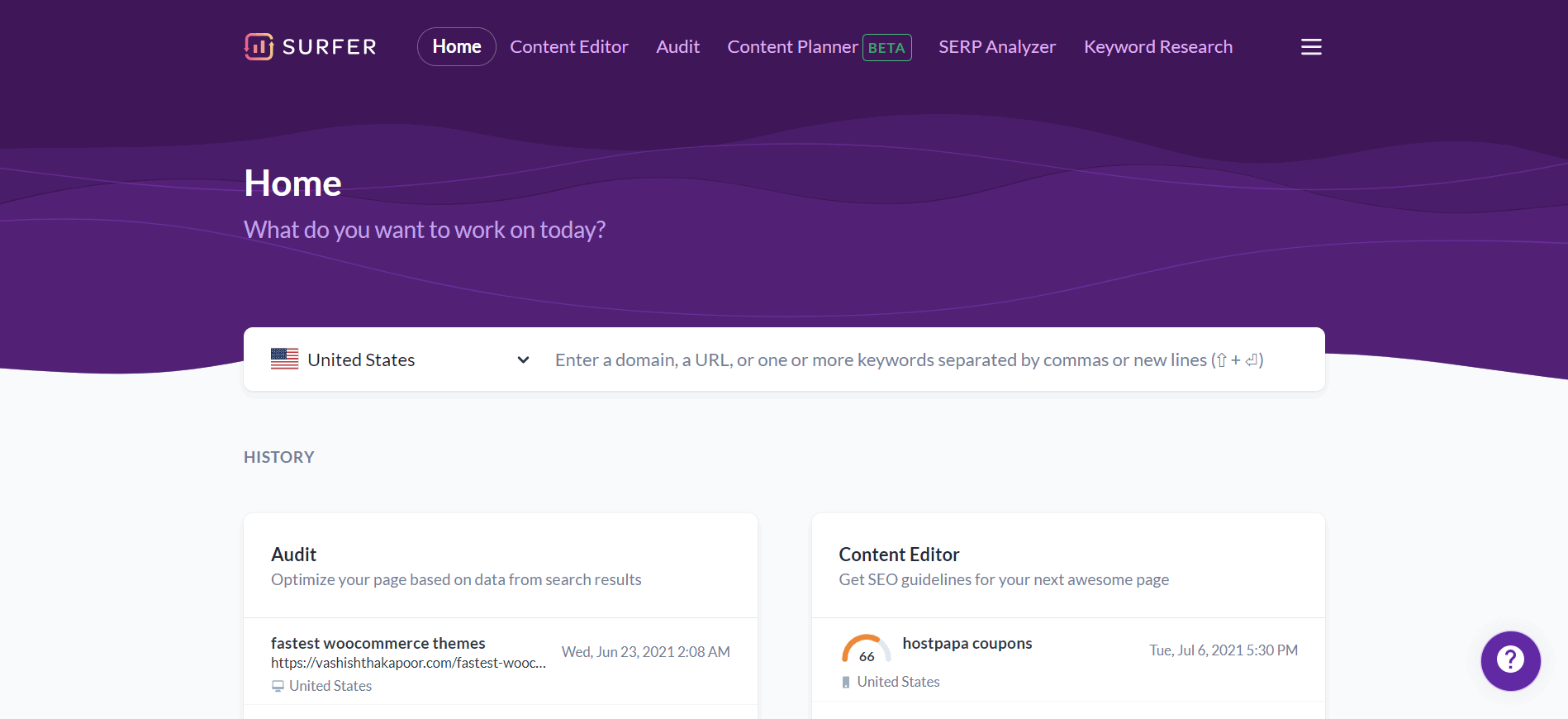 Surfer SEO Dashboard View