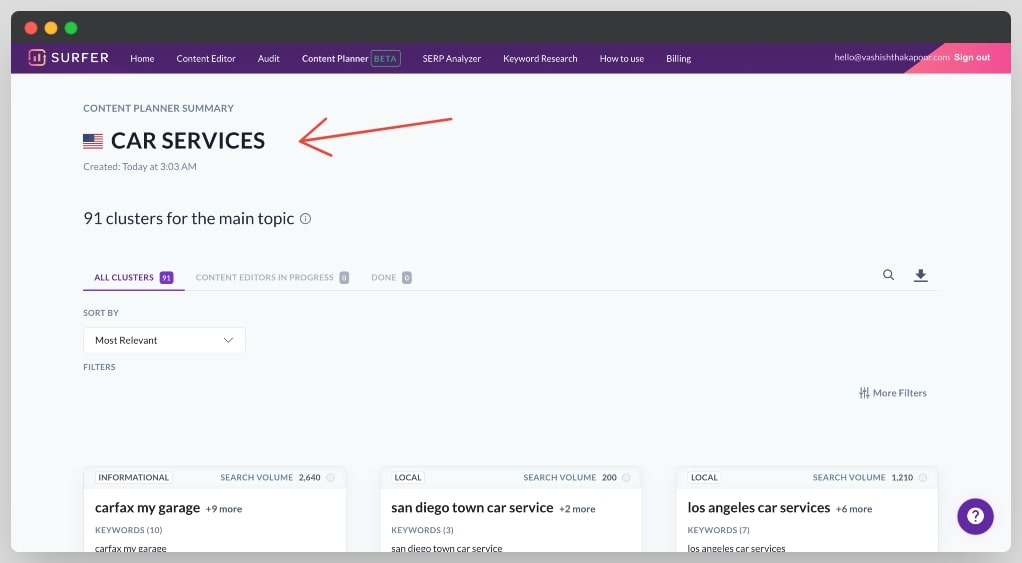 Content Cluster in Surfer SEO