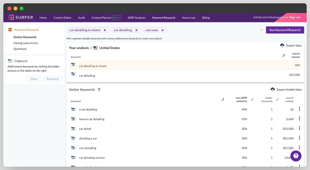 Keyword Research in Surfer SEO