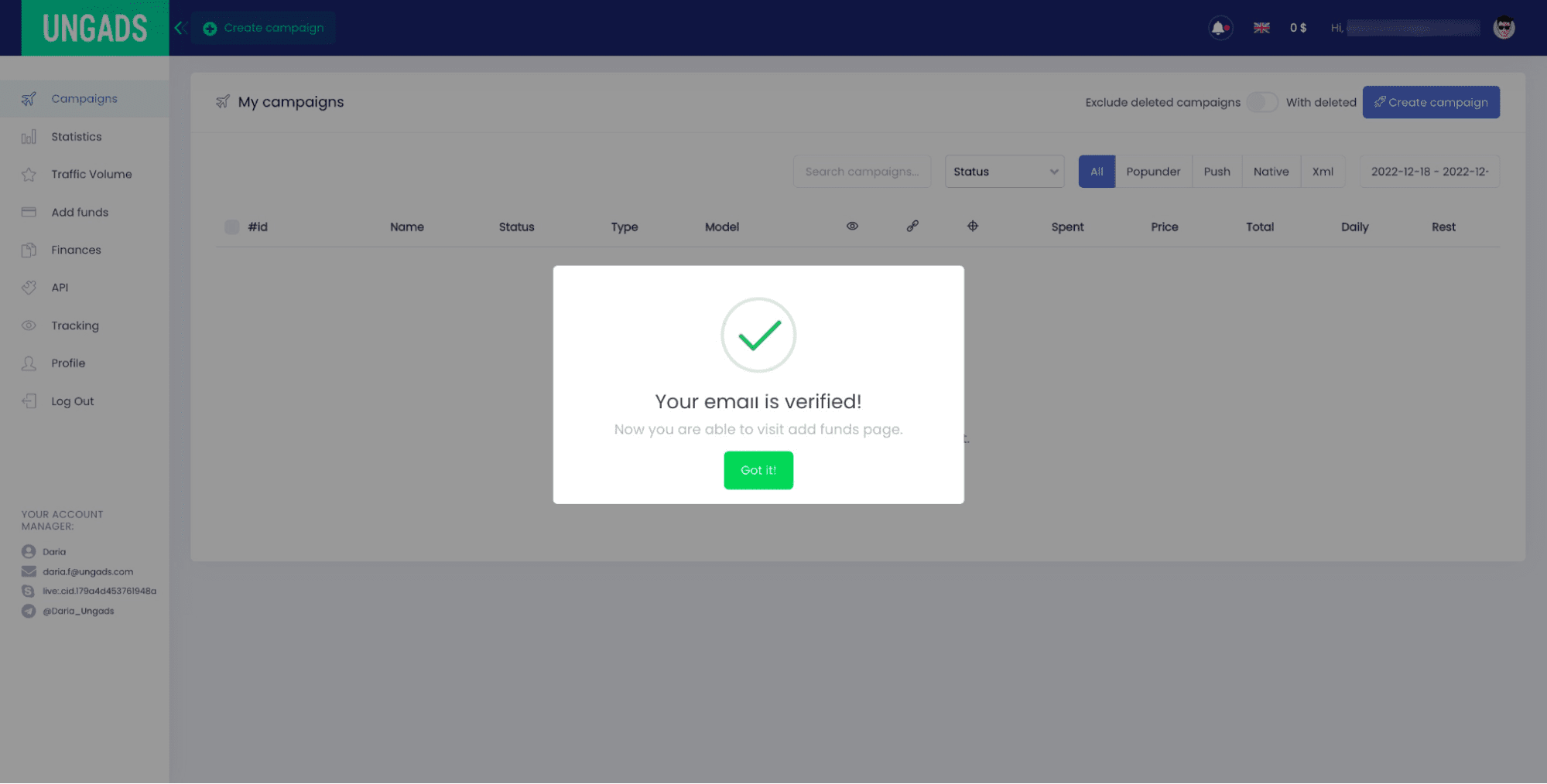 ungads email verified dashboard