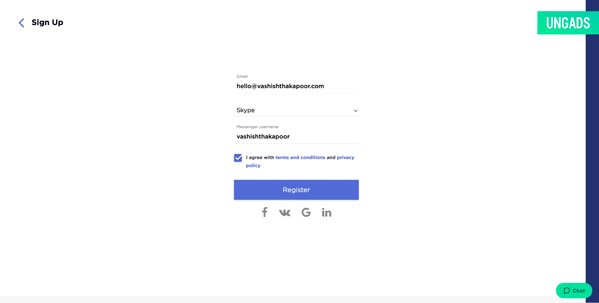 ungads signup step2 account details
